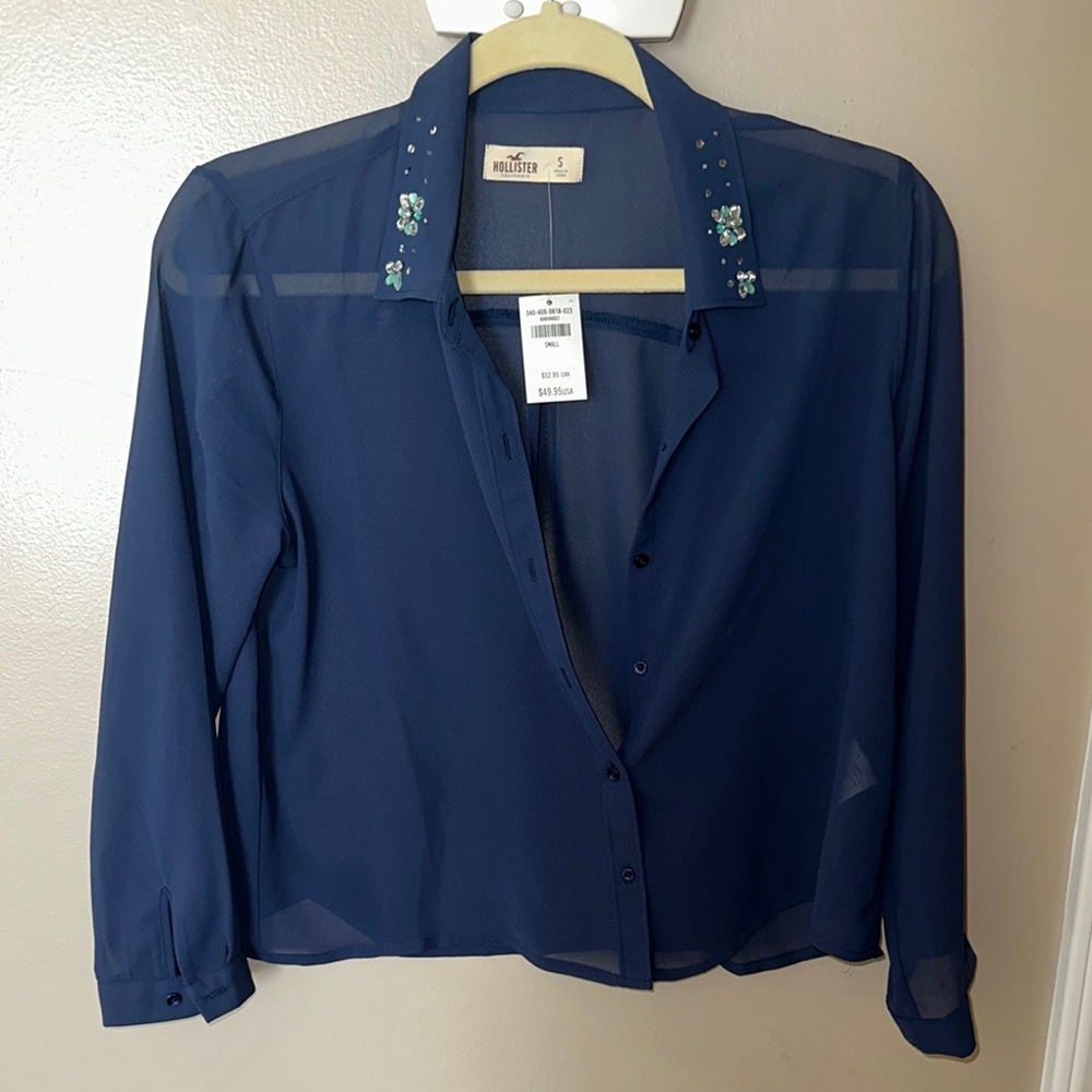 Hollister Blue Embellished Notched Collar Blouse